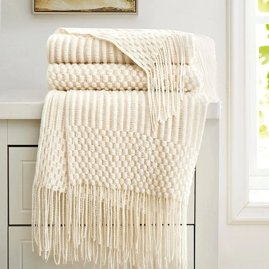 White Boho Knitted Throw Blanket