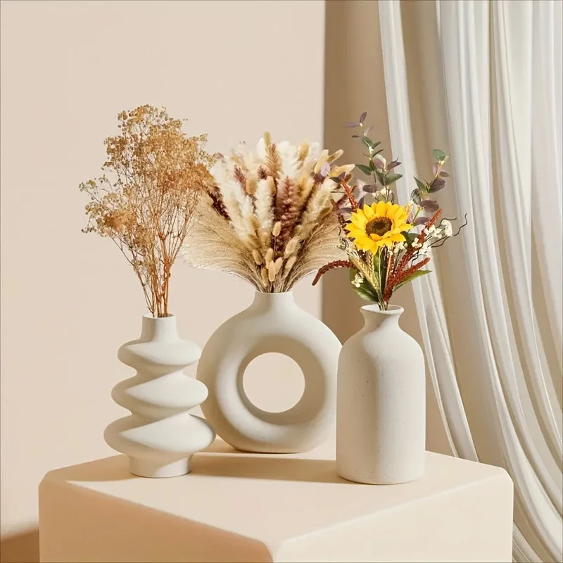 Set of 3 White Ceramic Bohemian Vases