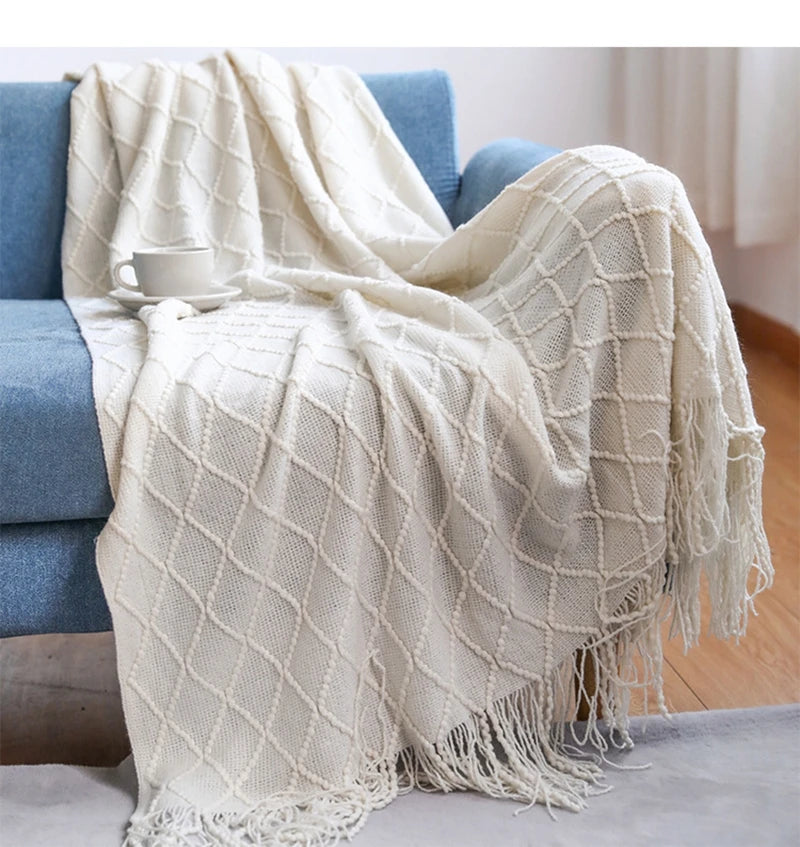 White Boho Knitted Throw Blanket