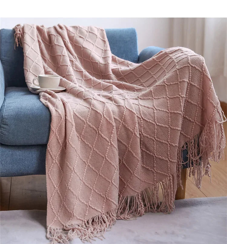 Knitted Throw Blanket with Tassels