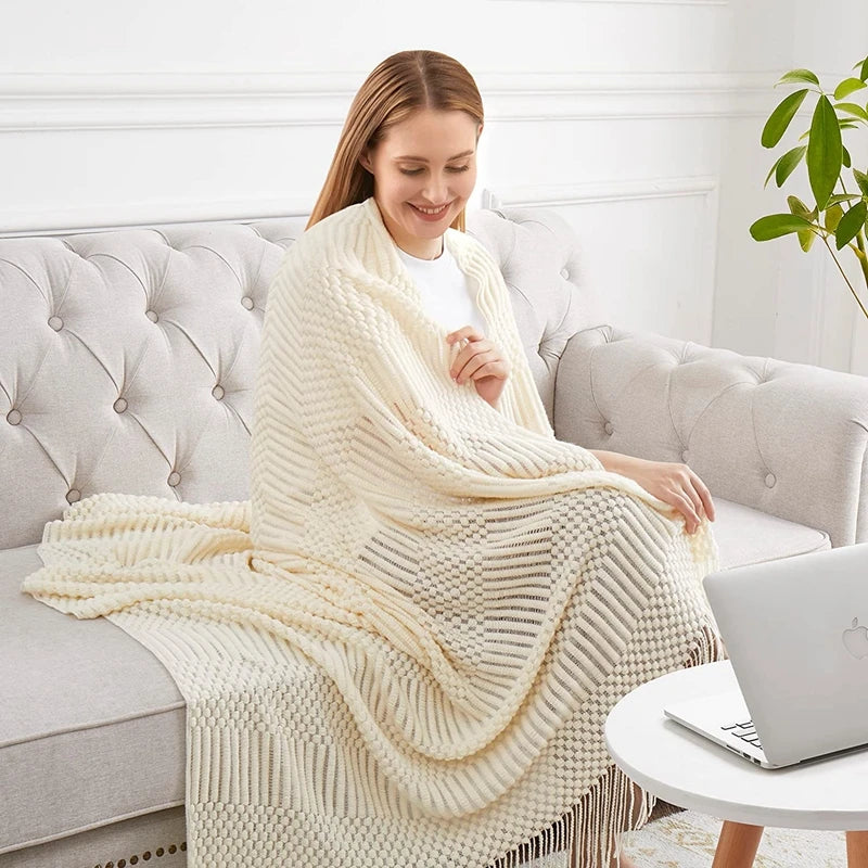 White Boho Knitted Throw Blanket