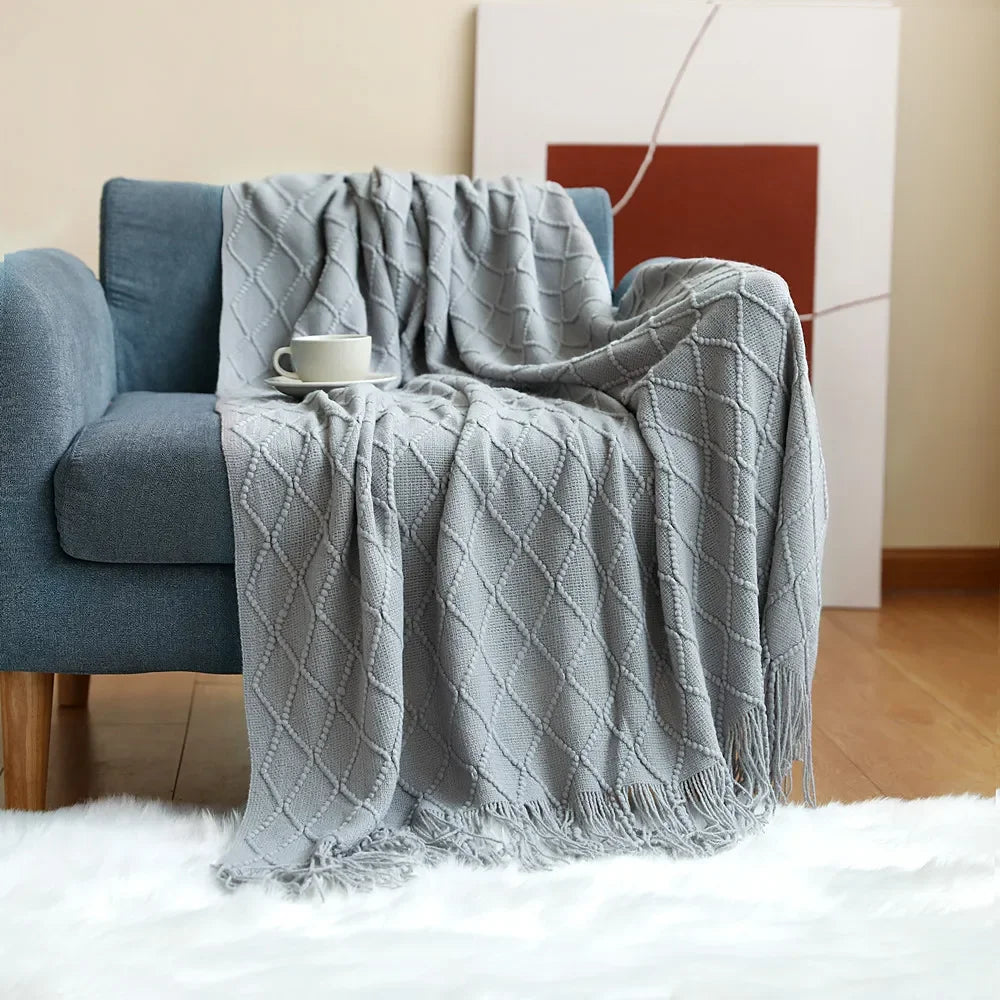 Knitted Throw Blanket with Tassels