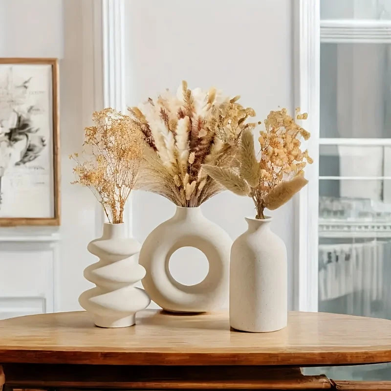 Set of 3 White Ceramic Bohemian Vases
