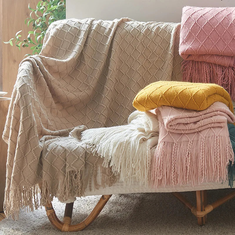 White Boho Knitted Throw Blanket