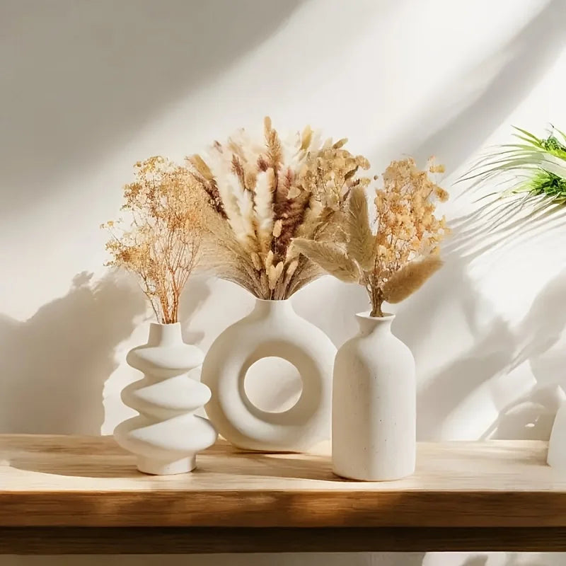 Set of 3 White Ceramic Bohemian Vases
