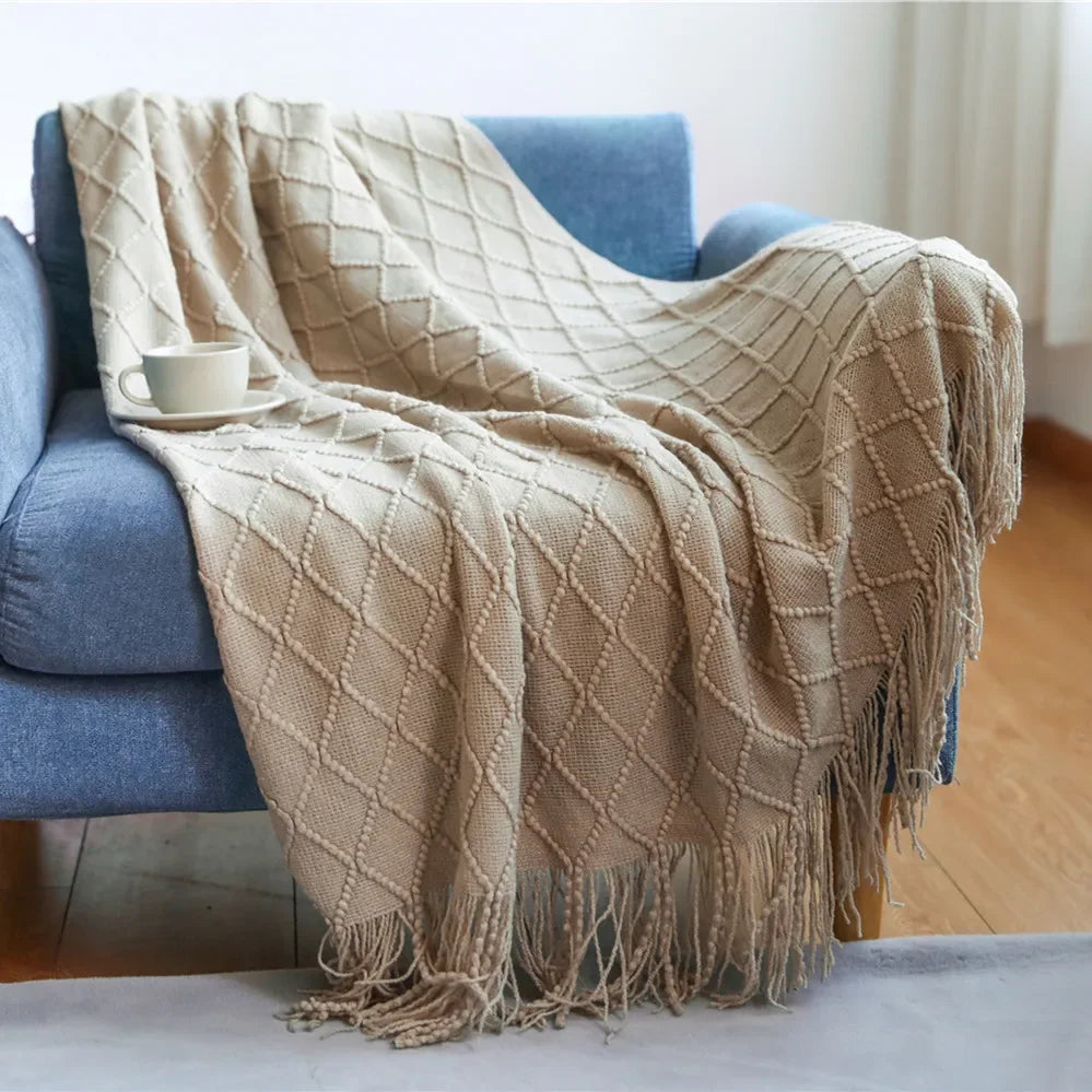 Knitted Throw Blanket with Tassels