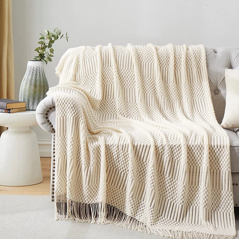 White Boho Knitted Throw Blanket